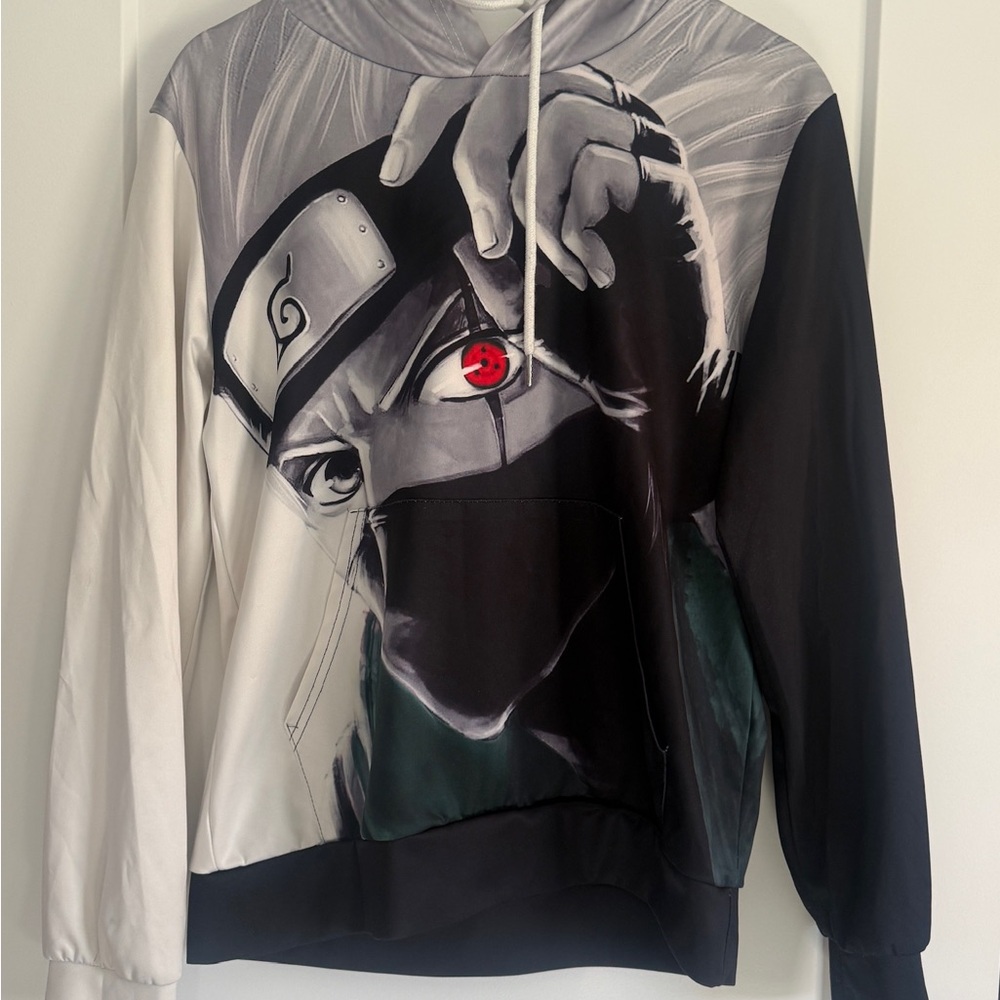 Naruto Anime Graphic Hoodie - Monochrome Kakashi Design with Red Accent